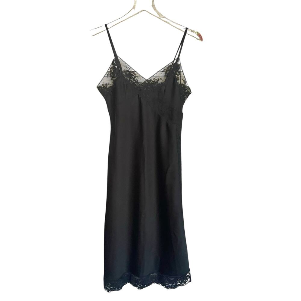 VTG Black Satin Lace‎ Trimmed Midi Length Slip Gown Slip Dress SMALL Whisigoth